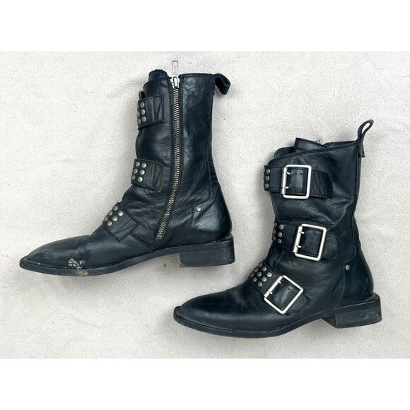 John Fluevog Black Leather Studded Buckle Biker Goth Boots Women's Size 9 - Picture 7 of 9